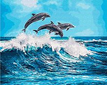 Картина по номерам Цветной: Дельфины над волной