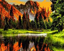 Картина по номерам Цветной: Пылающий закат в горах