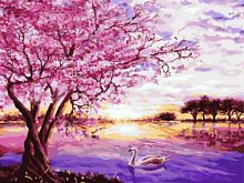 Картина по номерам Цветной: Сакура и лебедь